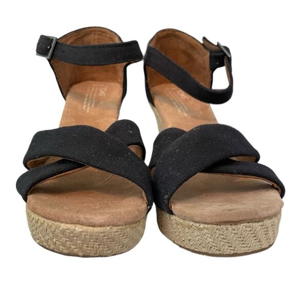 TOMS Sierra Strappy Espadrille Sandals Black Canvas Cork Bottom Wedge 10 - Picture 4 of 7